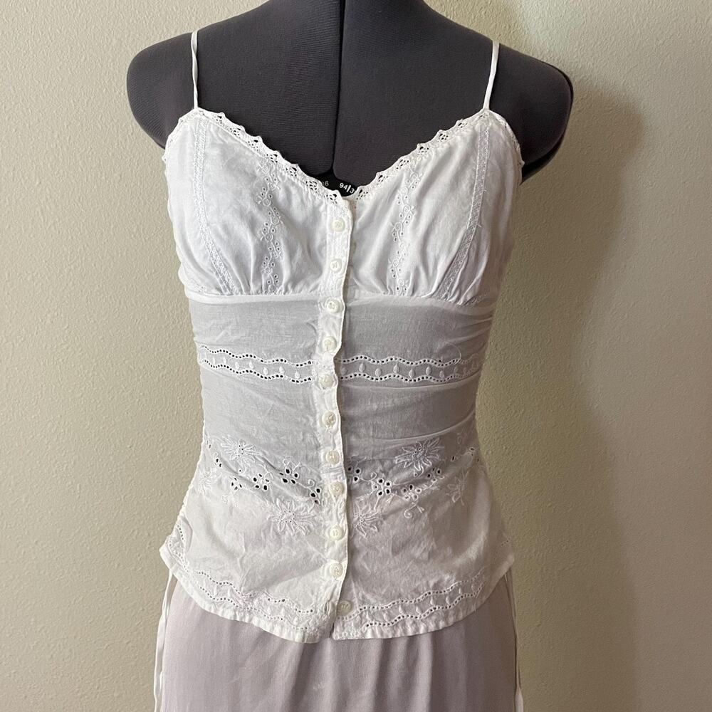Y2K vintage 2000s white cotton eyelet fang tank top boho fairy cottage soft girl